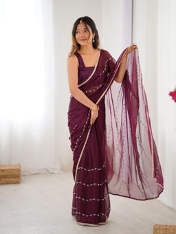 Nyri - Designer Beads Work Saree with Lace Border - Wine