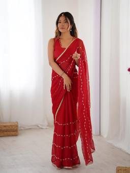 Nyri - Designer Beads Work Saree with Lace Border - Red
