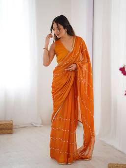 Nyri - Designer Beads Work Saree with Lace Border - Orange