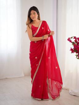 Nyri - Designer Beads Work Saree with Lace Border - Red