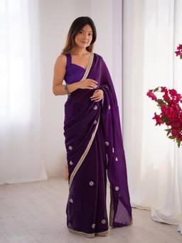Nyri - Designer Beads Work Saree with Lace Border - Purple