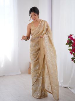 Nyri - Designer Beads Work Saree with Lace Border - Beige