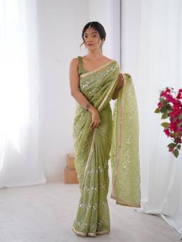 Nyri - Designer Beads Work Saree with Lace Border - Green