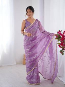Nyri - Designer Beads Work Saree with Lace Border - Lavender