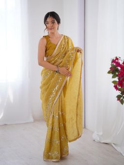 Nyri - Designer Beads Work Saree with Lace Border - Yellow