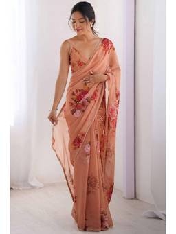 Nyri - Beautiful Floral Printed Georgette Saree with Moti Lace Border - Peach