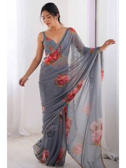 Nyri - Beautiful Floral Printed Georgette Saree with Moti Lace Border - Grey