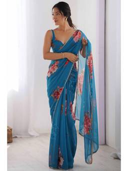 Nyri - Beautiful Floral Printed Georgette Saree with Moti Lace Border - Teal