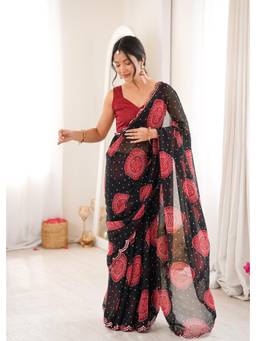 Nyri - Beautiful Bandhej Printed Georgette Saree with Double Arco Mirror Work Border - Black