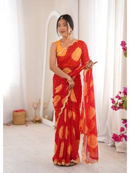 Nyri - Beautiful Bandhej Printed Georgette Saree with Double Arco Mirror Work Border - Red