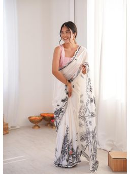 Nyri - Beautiful Printed with Mirror Work Chinon Saree - White