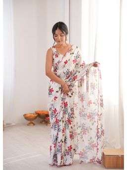 Nyri - Beautiful Printed with Mirror Work Chinon Saree - White
