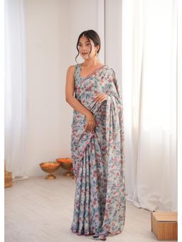 Nyri - Beautiful Printed with Mirror Work Chinon Saree - Blue