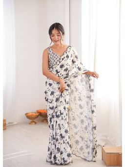 Nyri - Beautiful Printed with Mirror Work Chinon Saree - White