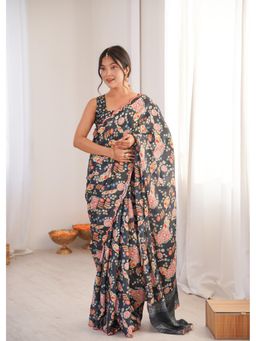 Nyri - Beautiful Printed with Mirror Work Chinon Saree - Grey