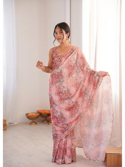 Nyri - Beautiful Printed with Mirror Work Chinon Saree - Rust