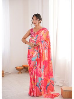 Nyri - Beautiful Printed with Mirror Work Chinon Saree - Pink