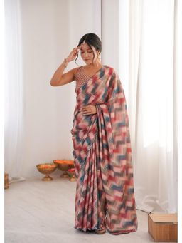 Nyri - Beautiful Printed with Mirror Work Chinon Saree - Multi-Color