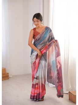 Nyri - Beautiful Printed with Mirror Work Chinon Saree - Multi-Color