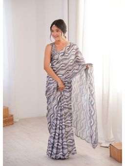 Nyri - Beautiful Printed with Mirror Work Chinon Saree - Grey
