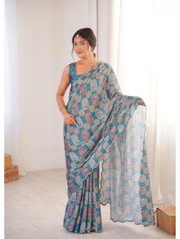 Nyri - Beautiful Printed with Mirror Work Chinon Saree - Teal