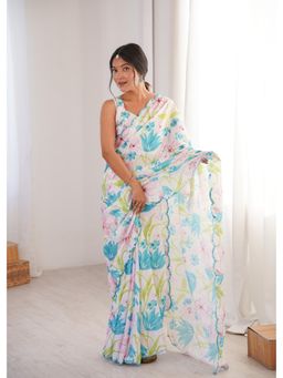 Nyri - Beautiful Printed with Mirror Work Chinon Saree - Blue