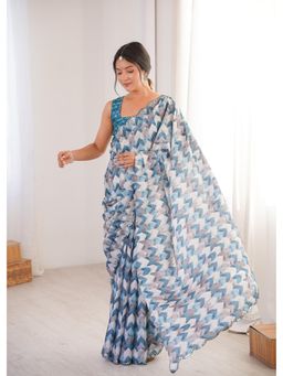 Nyri - Beautiful Printed with Mirror Work Chinon Saree - Blue