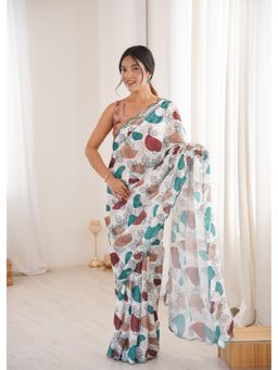 Nyri - Beautiful Printed with Mirror Work Chinon Saree - White