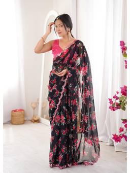 Nyri - Beautiful Floral Printed Georgette Saree with Double Arco Mirror Work Border - Black
