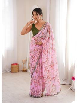 Nyri - Beautiful Floral Printed Georgette Saree with Double Arco Mirror Work Border - Pink