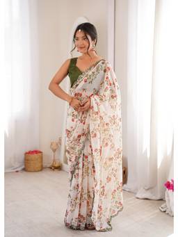 Nyri - Beautiful Floral Printed Georgette Saree with Double Arco Mirror Work Border - White