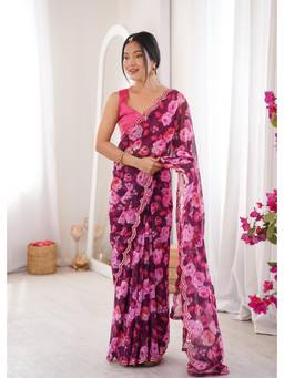 Nyri - Beautiful Floral Printed Georgette Saree with Double Arco Mirror Work Border - Burgundy