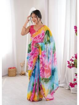 Nyri - Beautiful Tie & Dye Printed Georgette Saree With Double Arco Mirror Work Border - Multi-Color