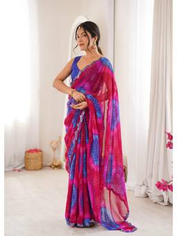 Nyri - Beautiful Bandhej Printed Georgette Saree With Double Arco Mirror Work Border - Blue
