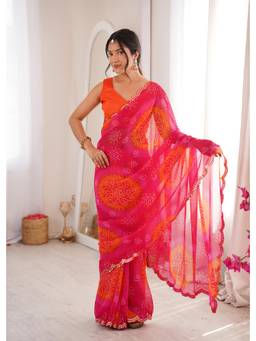 Nyri - Beautiful Bandhej Printed Georgette Saree With Double Arco Mirror Work Border - Pink