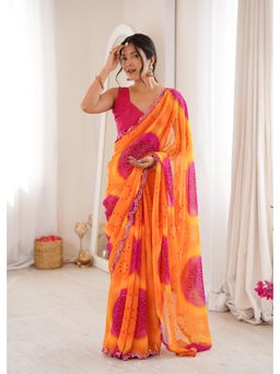 Nyri - Beautiful Bandhej Printed Georgette Saree With Double Arco Mirror Work Border - Orange