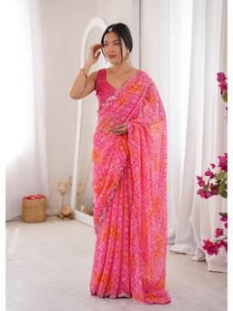 Nyri - Beautiful Bandhej Zari Printed Georgette Saree With Double Arco Mirror Work Border - Pink