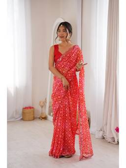Nyri - Beautiful Bandhej Zari Printed Georgette Saree With Double Arco Mirror Work Border - Red