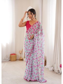 Nyri - Beautiful Floral Printed Georgette Saree With Double Arco Mirror Work Border - Turquoise