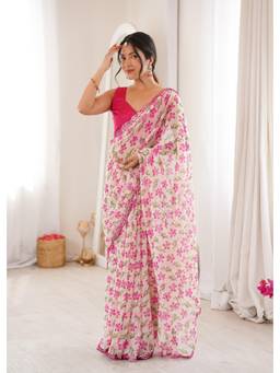Nyri - Beautiful Floral Printed Georgette Saree With Double Arco Mirror Work Border - Pink
