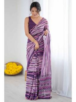 Nyri - Beautiful Printed With Mirror Work Georgette Saree - Lavender