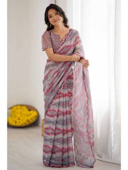 Nyri - Beautiful Printed With Mirror Work Georgette Saree - Grey