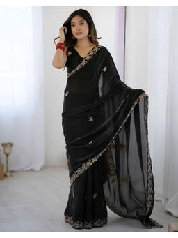 Nyri - Designer Embroidery Work Fandy Satin Silk Saree - Black