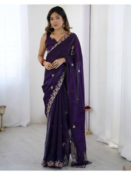 Nyri - Designer Embroidery Work Fandy Satin Silk Saree - Purple