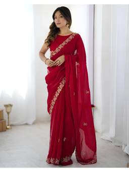 Nyri - Designer Embroidery Work Fandy Satin Silk Saree - Red