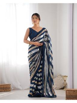Nyri - Party Wear Sequenced Work Georgette Saree - Teal