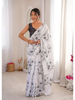 Nyri - Latest Sworski Diamond Chinon Digital Printed Saree With Cutwork Border - White