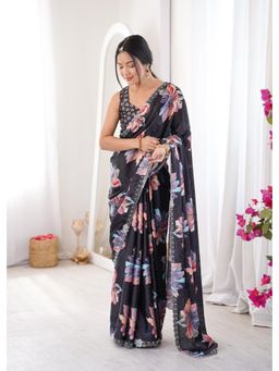 Nyri - Latest Sworski Diamond Chinon Digital Printed Saree With Cutwork Border - Black