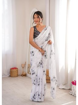 Nyri - Latest Sworski Diamond Chinon Digital Printed Saree With Cutwork Border - White