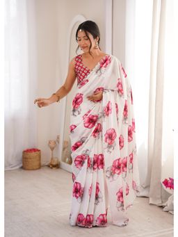Nyri - Latest Sworski Diamond Chinon Digital Printed Saree With Cutwork Border - White
